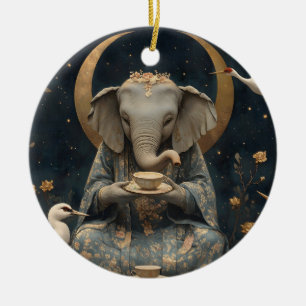 Mystical Elephant Tea Party Under Crescent Moon Ceramic Tree Decoration