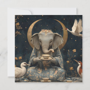 Mystical Elephant Tea Party Under Crescent Moon Holiday Card