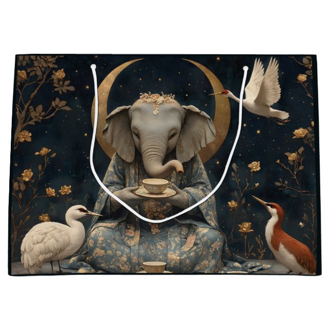Mystical Elephant Tea Party Under Crescent Moon Large Gift Bag (Front)