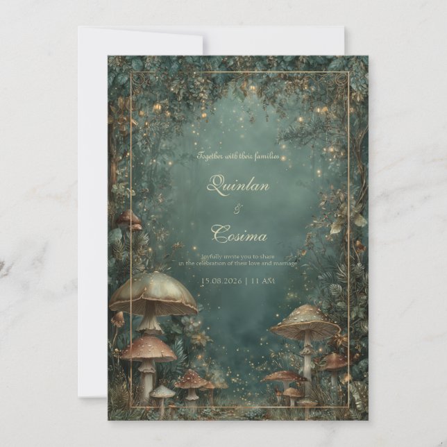 Mystical Emerald Forest Mushroom Gold Lantern Invitation (Front)