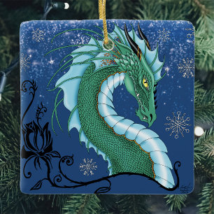 Mystical Emerald Ice Dragon Snowflakes Fantasy Ceramic Ornament