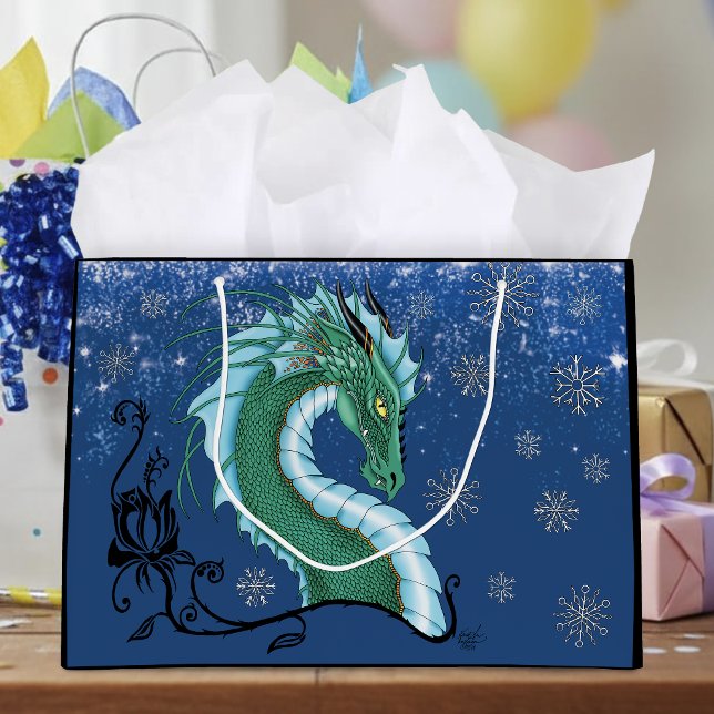 Mystical Emerald Ice Dragon Snowflakes Fantasy Large Gift Bag (Creator Uploaded)