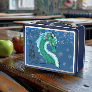 Mystical Emerald Ice Dragon Snowflakes Fantasy Metal Lunch Box