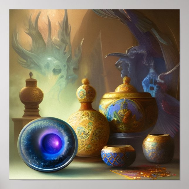 Mystical Enamel Bottles & Bowls Digital Art Poster (Front)