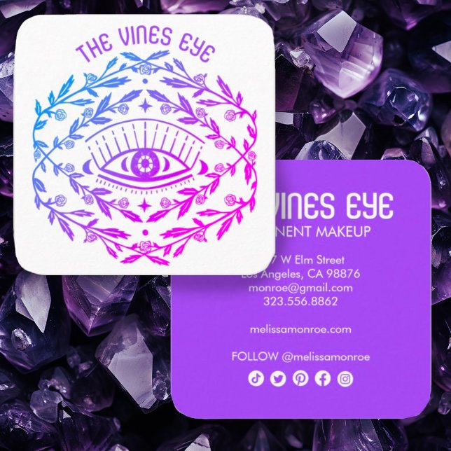 Mystical Eye Roses Vines Magical Boho  Square Business Card (Cool boho botanical eye line art in purple on these custom square business cards w social icons)