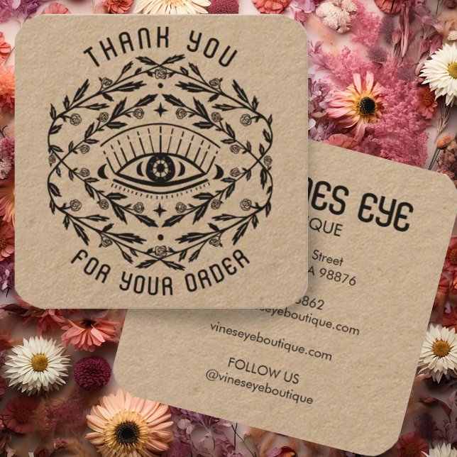 Mystical Eye Roses Vines Magical Order Thank You Square Business Card (Custom order thank you card with boho design of roses and an eye on kraft paper)