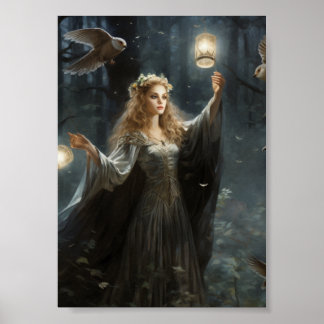 Mystical Fairy with pet Owl, fantasy Poster