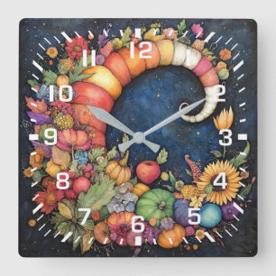 Mystical Fall Crescent Moon Cornucopia Square Wall Clock