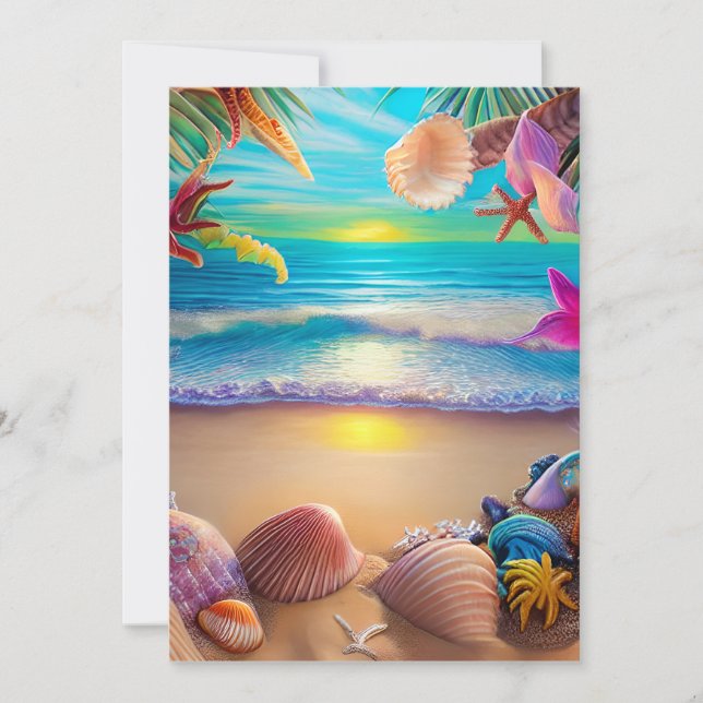 Mystical fantasy beach sunset with tropical flower holiday card (Front)