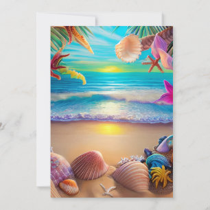 Mystical fantasy beach sunset with tropical flower holiday card