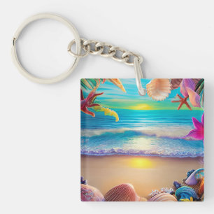 Mystical fantasy beach sunset with tropical flower key ring