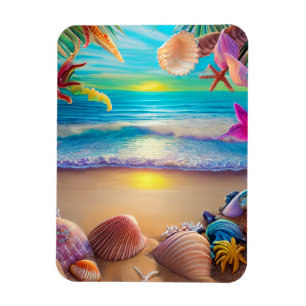 Mystical fantasy beach sunset with tropical flower magnet
