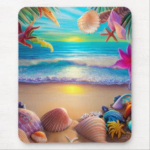 Mystical fantasy beach sunset with tropical flower mouse mat