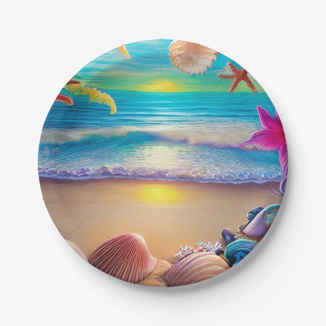 Mystical fantasy beach sunset with tropical flower paper plate (Front)