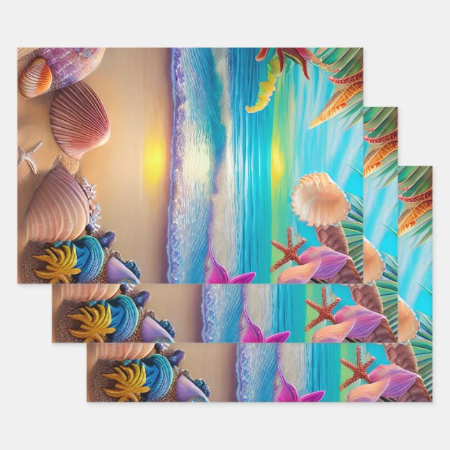 Mystical fantasy beach sunset with tropical flower wrapping paper sheet (Set)