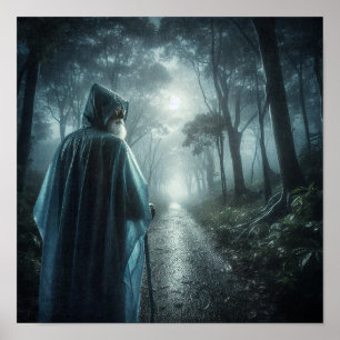 Mystical Figure in Foggy Forest Poster