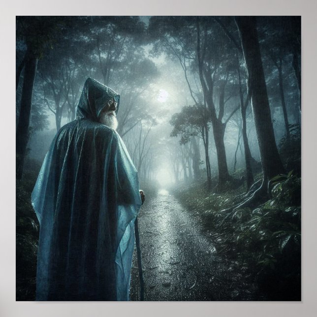 Mystical Figure in Foggy Forest Poster (Front)