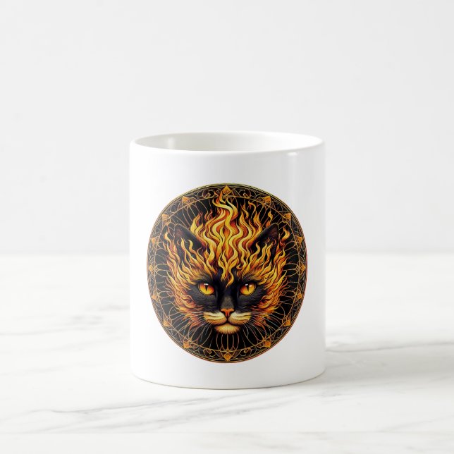 Mystical Fire Cat Mandala Design Coffee Mug (Center)