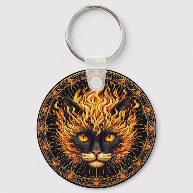 Mystical Fire Cat Mandala Design Key Ring (Front)
