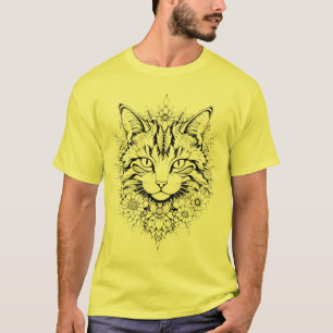 Mystical Floral Cat – Intricate Black & White Art T-Shirt
