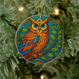 Mystical Folk Art Owl Illustration – Boho Vintage Ceramic Tree Decoration