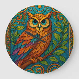 Mystical Folk Art Owl Illustration – Boho Vintage Large Clock