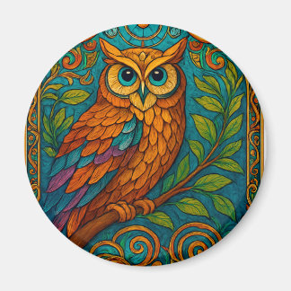 Mystical Folk Art Owl Illustration – Boho Vintage Magnet