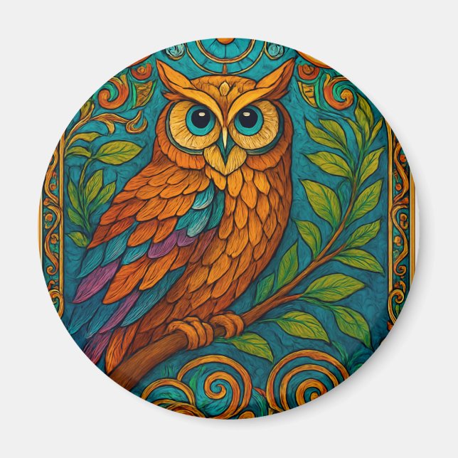 Mystical Folk Art Owl Illustration – Boho Vintage Magnet (Front)