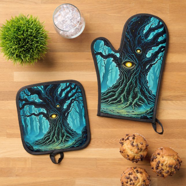 Mystical Forest Eye Tree Art Oven Mitt & Pot Holder Set (Top Down)
