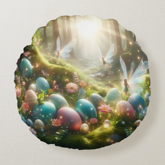 Mystical Forest Fairy Magical Spring Eggs Round Cushion (Front)