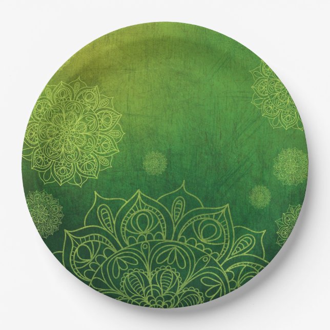 Mystical Forest Green Mandala Party Paper Plates (Front)
