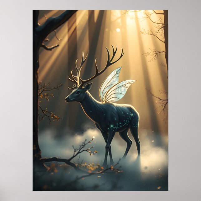 Mystical Forest Stag with Fairy Wings Poster (Front)