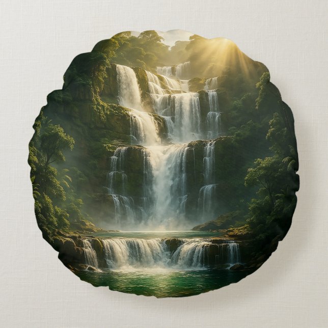 Mystical Forest Waterfall Nature Round Pillow (Front)