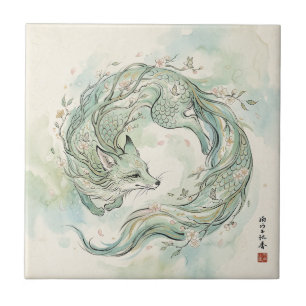 Mystical Fox Dragon Watercolor Art (1) Tile