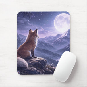 Mystical Fox & Giant Moon Snowy Mountain Peaks Mouse Mat