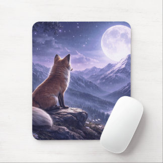 Mystical Fox & Giant Moon Snowy Mountain Peaks Mouse Mat