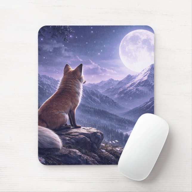 Mystical Fox & Giant Moon Snowy Mountain Peaks Mouse Mat (With Mouse)