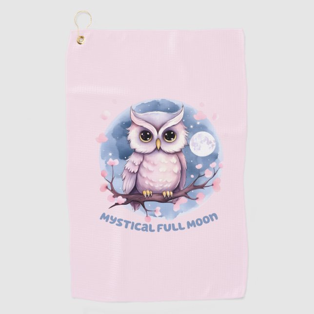 Mystical Full Moon – Pastel Purple Night Sky - Owl Golf Towel (Front)