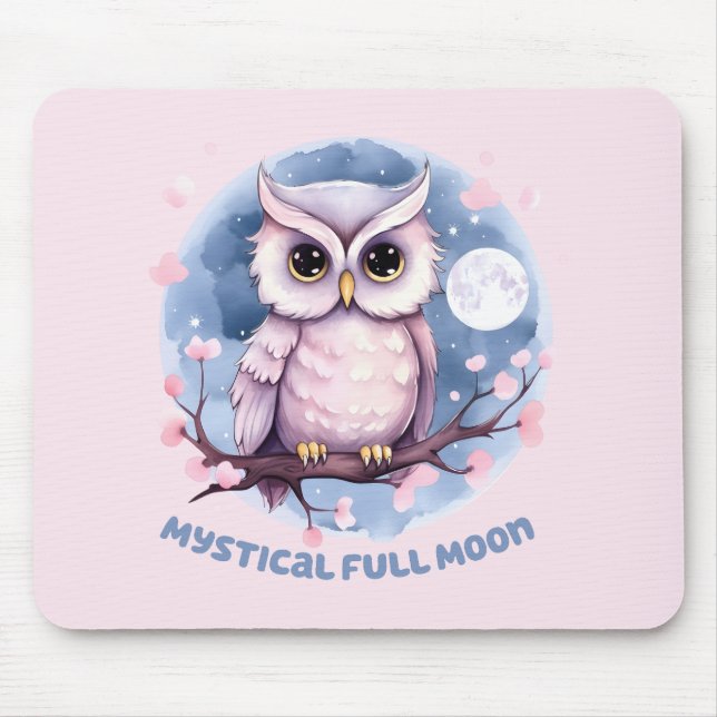 Mystical Full Moon – Pastel Purple Night Sky - Owl Mouse Mat (Front)