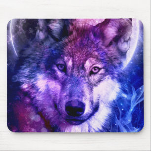 Mystical Galaxy Wolf Face with Full Moon  Mouse Mat