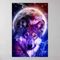 Mystical Galaxy Wolf Face with Full Moon 