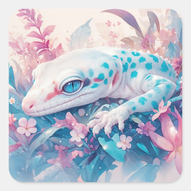 Mystical Gecko Among Vibrant Blossoms Square Sticker (Front)