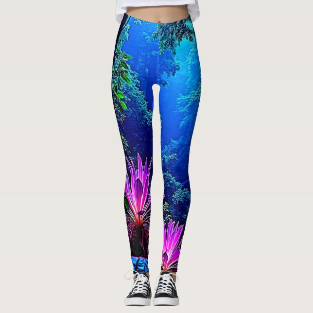 Mystical Glowing Jungle Bloom Design Leggings (Front)