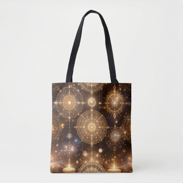 Mystical Gold Celestial Pattern Tote Bag (Front)