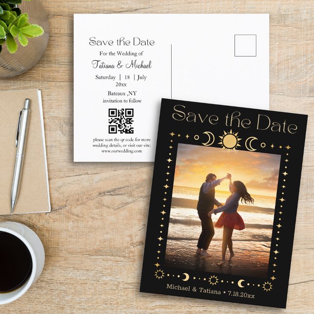 mystical gold script qr code photo save the date  announcement postcard (Creator Uploaded)