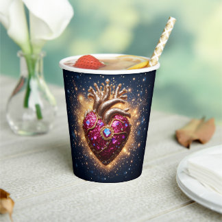 Mystical Golden Crowned Heart in Space Paper Cups