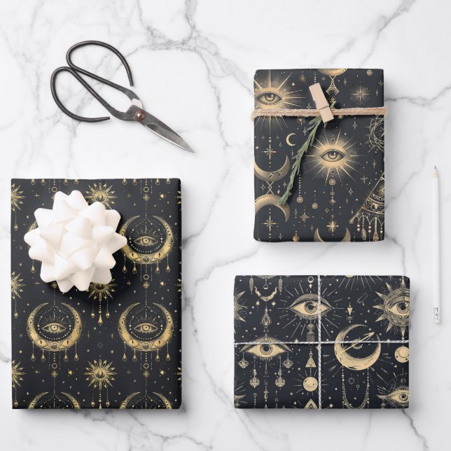Mystical Gothic Arcane Black Gold Wrapping Paper Sheet (Front)