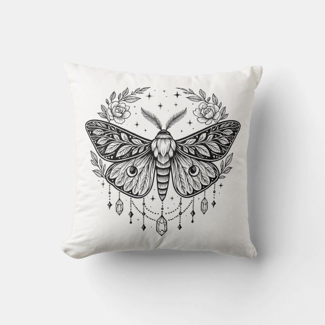 Mystical Gothic Moth Botanical Celestial Line Art  Cushion (Front)
