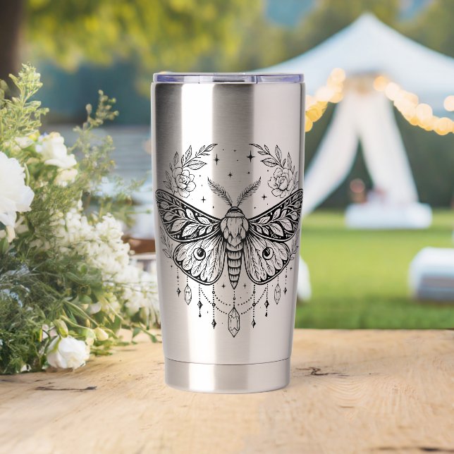 Mystical Gothic Moth Botanical Celestial Line Art  Insulated Tumbler (Wedding (Rotated))