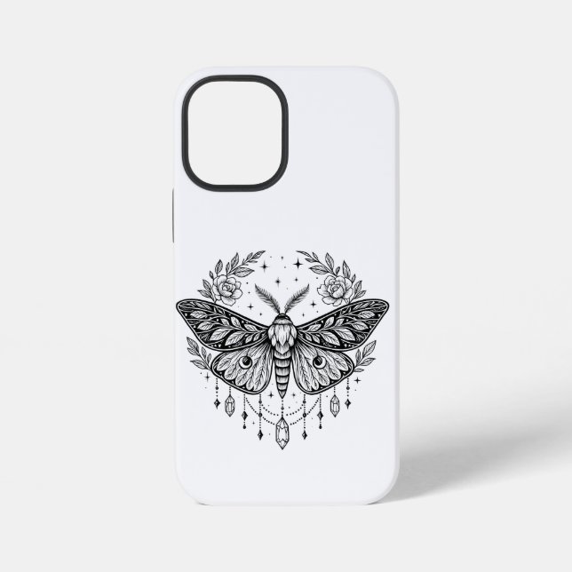 Mystical Gothic Moth Botanical Celestial Line Art iPhone Case (Back)